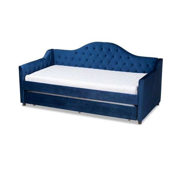 Baxton Studio Perry Blue Velvet Upholstered and Tufted Twin Size Daybed with Trundle 156-9450 - main